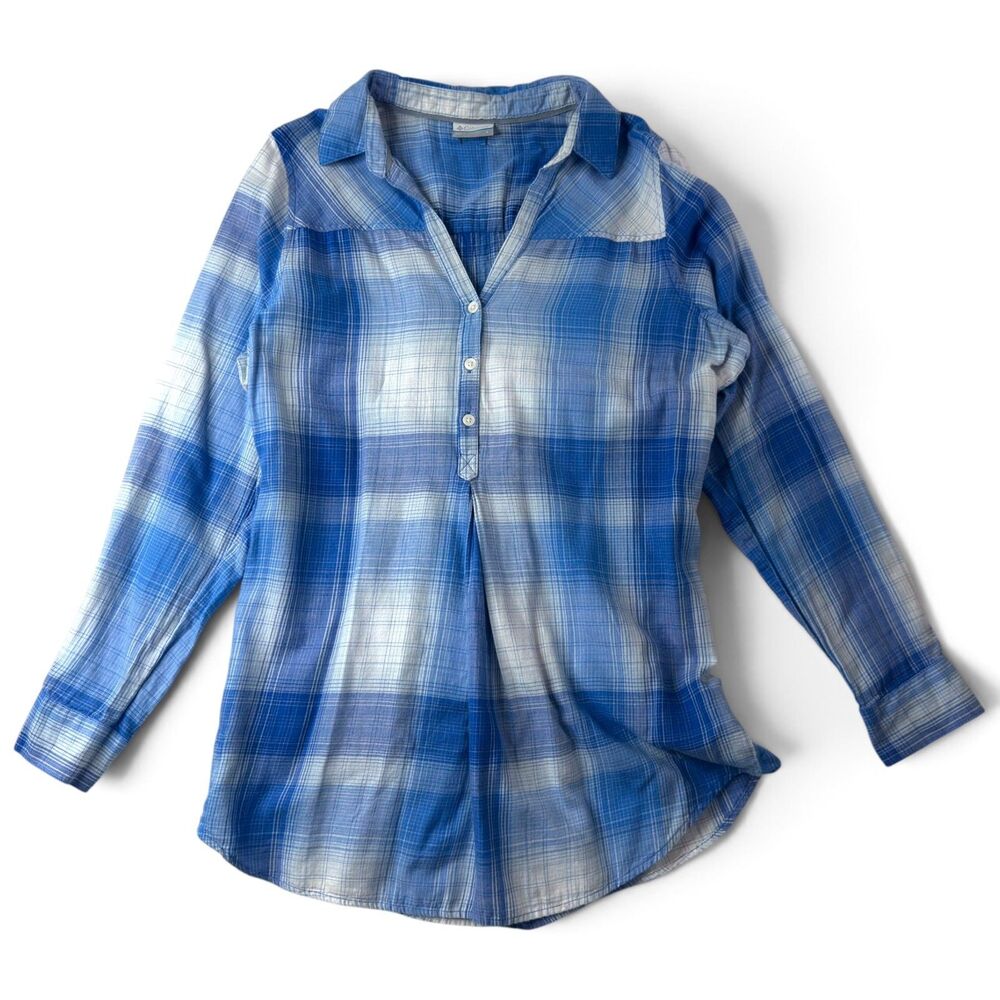 columbia women's large plaid tunic shirt bundle of 2 half button blue & coral - Picture 3 of 11